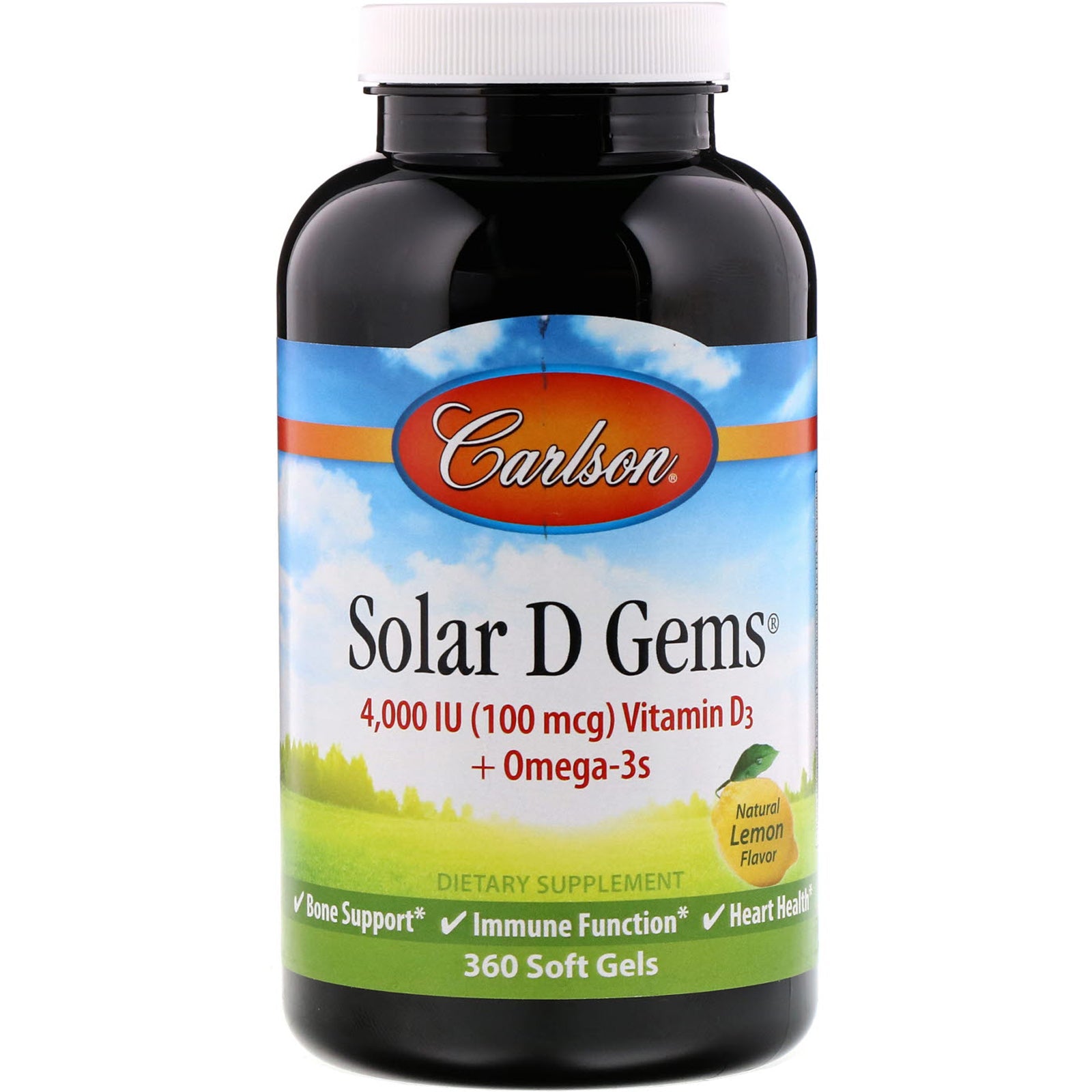 Carlson Labs, Solar D Gems, Natural Lemon Flavor, 100 mg (4,000 IU), 360 Soft Gels