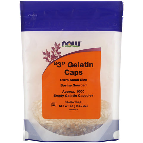 Now Foods, "3" Gelatin Caps, Extra Small Size, Approx. 1,000 Empty Gelatin Capsules