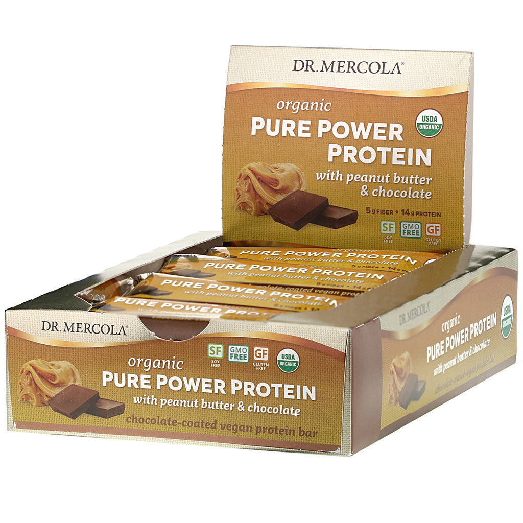 Dr. Mercola, Organic Pure Power Protein Bar, Peanut Butter & Chocolate, 12 Bars, 1.83 oz (52 g) Each