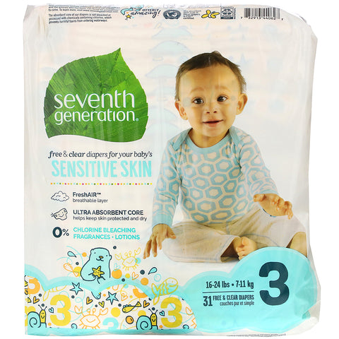 Seventh Generation, Free & Clear Diapers, Size 3, 16-24 lbs, 31 Diapers