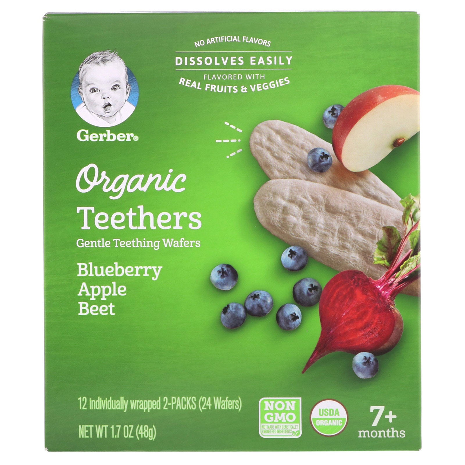 Gerber, Organic Teethers, Gentle Teething Wafers, 7+ Months, Blueberry Apple Beet, 12 Packs, 2 Wafers Each