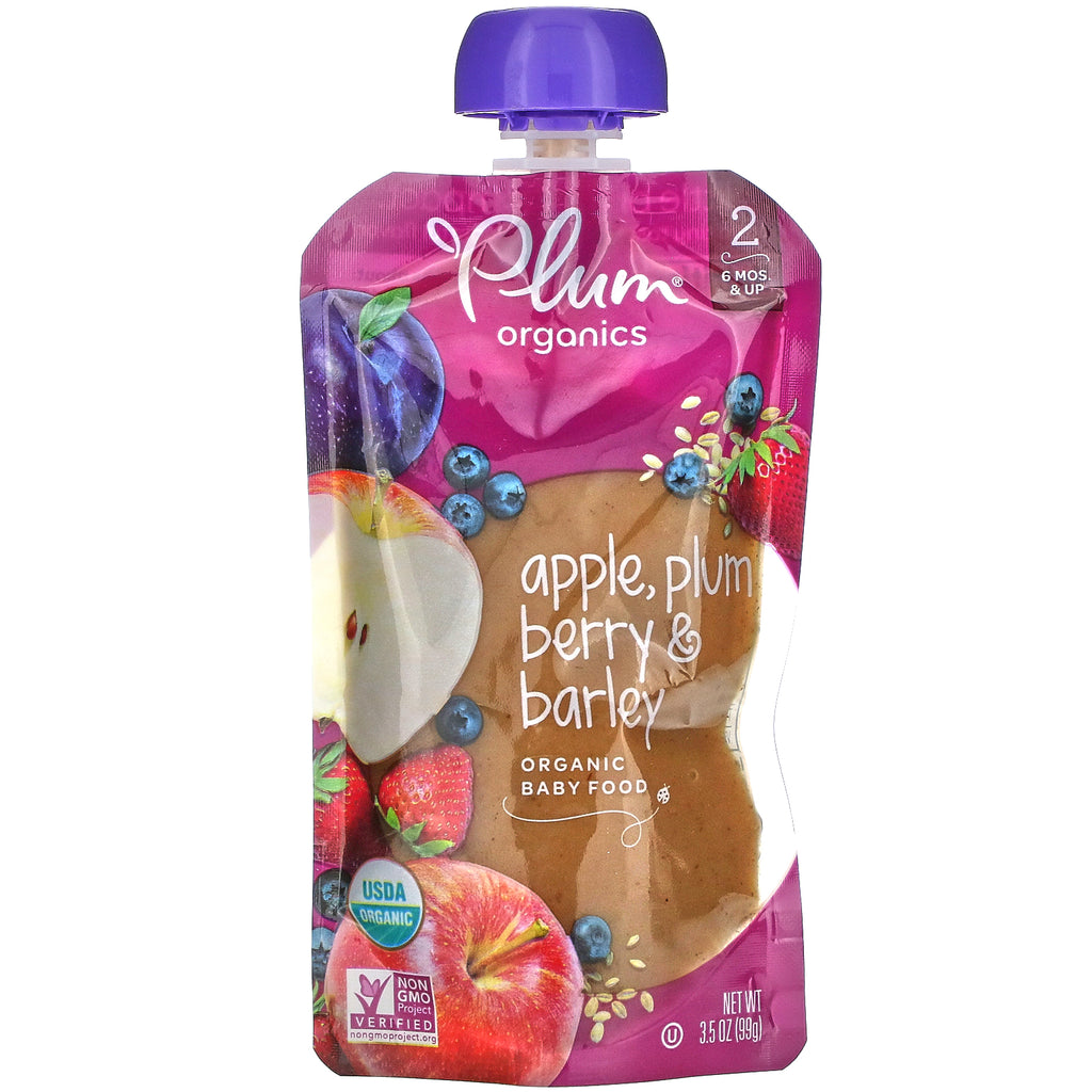 Plum Organics, Organic Baby Food, Stage 2, Apple, Plum, Berry & Barley, 3.5 oz (99 g)