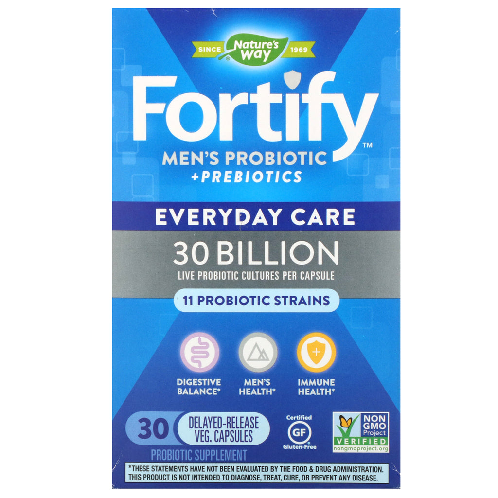 Nature's Way, Fortify, Men's Probiotic + Prebiotics, Everyday Care, 30 Billion, 30 Delayed-Release Veg. Capsules