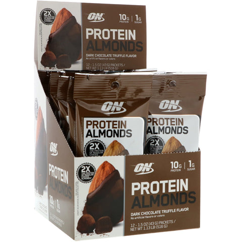 Optimum Nutrition, Protein Almonds, Dark Chocolate Truffle, 12 Packets, 1.5 oz (43 g) Each