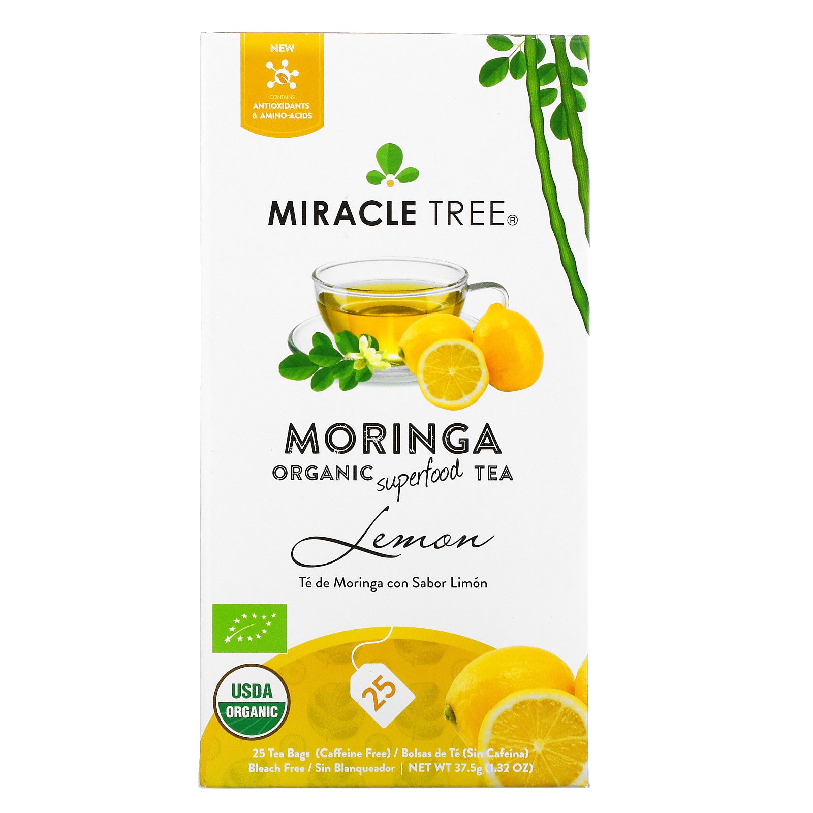 Miracle Tree, Moringa Organic Superfood Tea, Lemon, Caffeine Free, 25 Tea Bags, 1.32 oz (37.5 g)