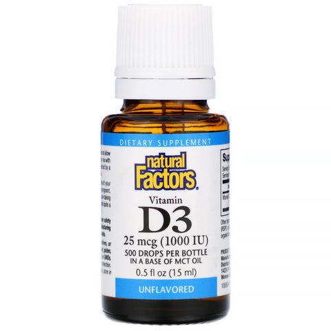 Natural Factors, Vitamin D3 Drops, Unflavored, 25 mcg (1,000 IU), 0.5 fl oz (15 ml)