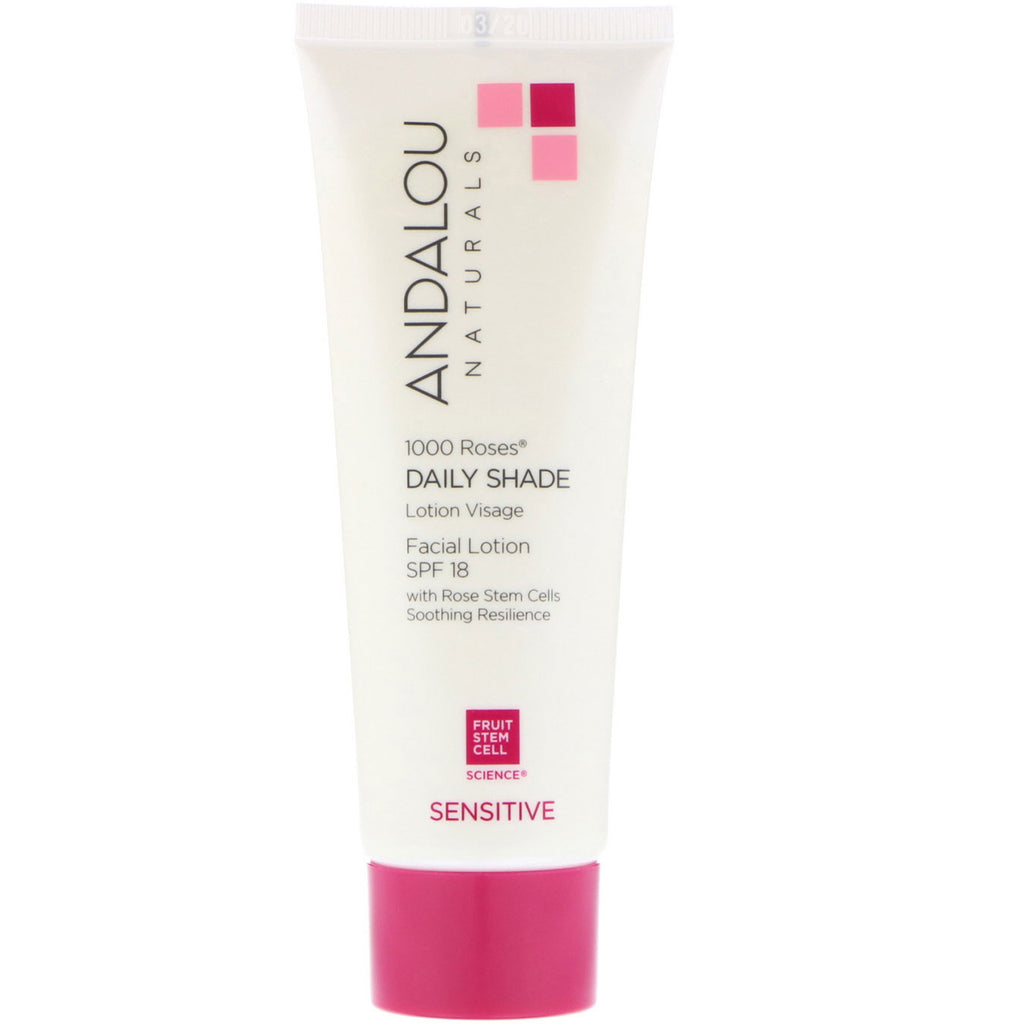 Andalou Naturals, Facial Lotion, 1000 Roses, Daily Shade, SPF 18, Sensitive, 2.7 fl oz (80 ml)