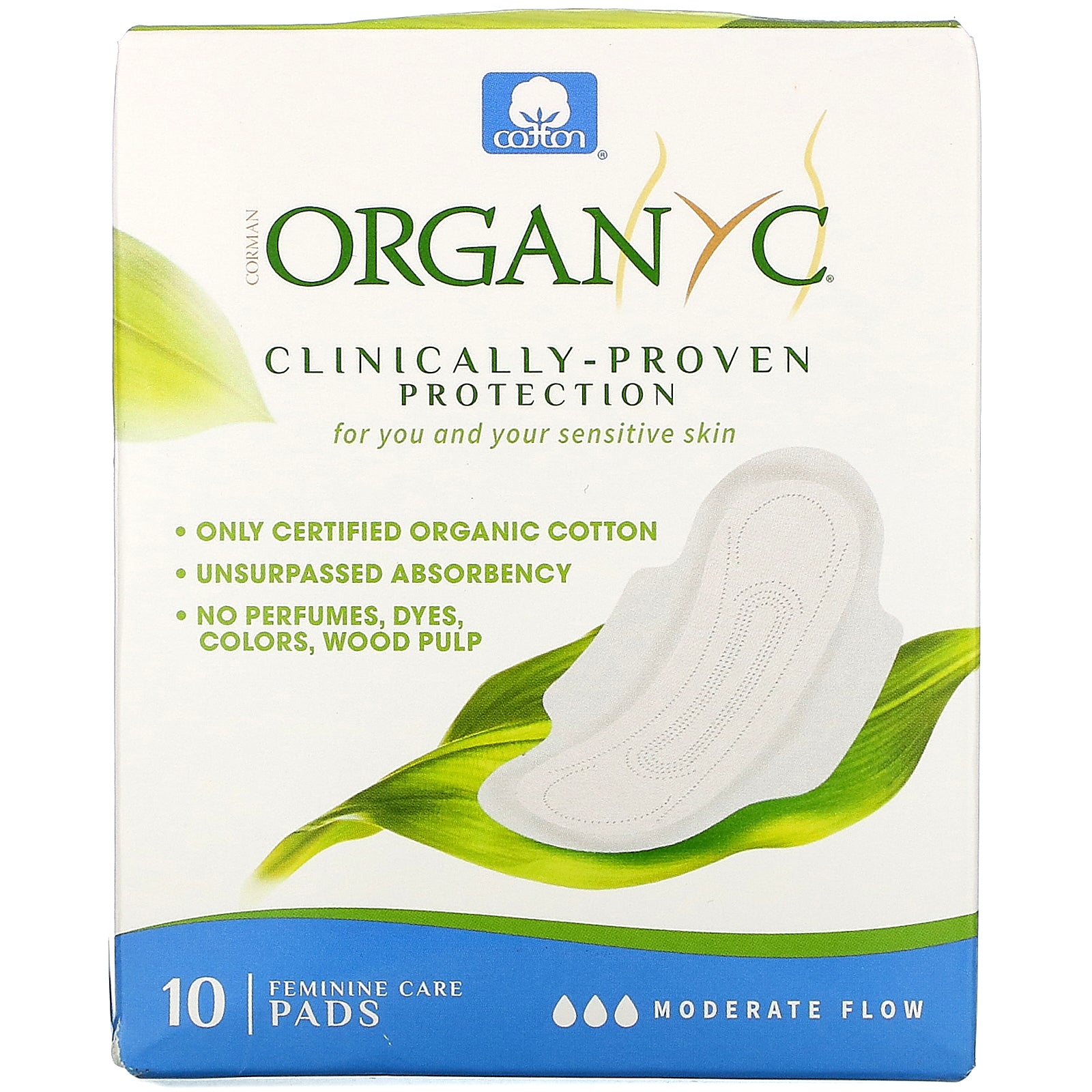 Organyc, Organic Cotton Pads, Moderate Flow, 10 Pads