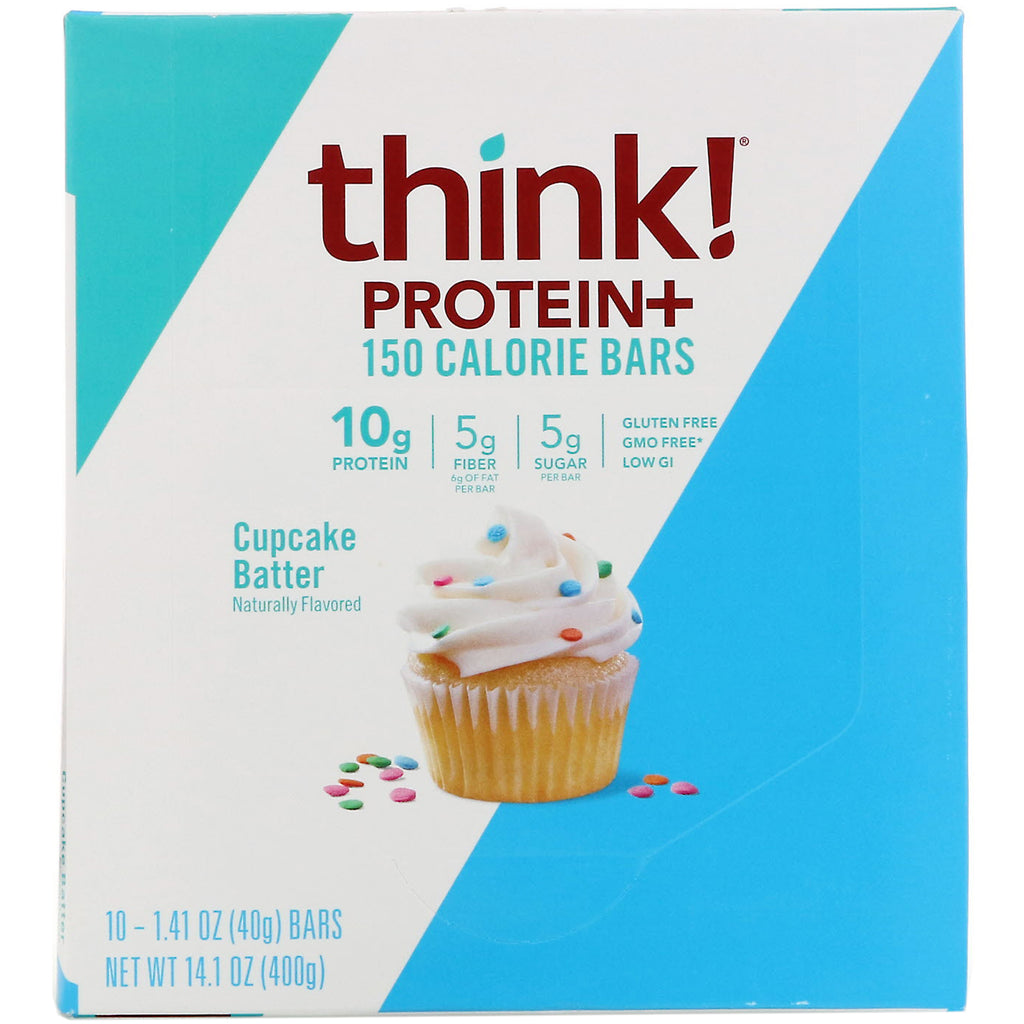 ThinkThin, Protein+ 150 Calorie Bars, Cupcake Batter, 10 Bars, 1.41 oz (40 g) Each