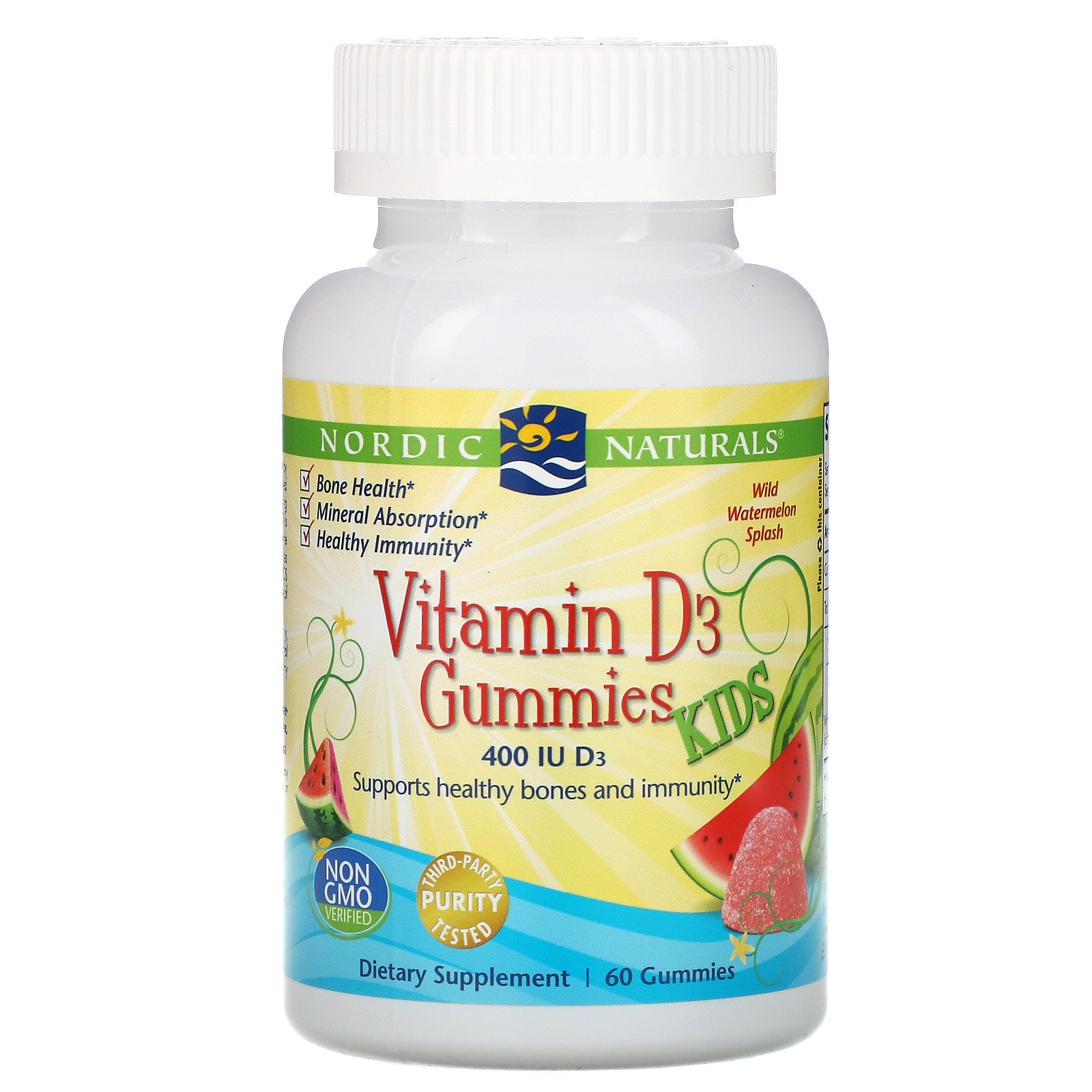 Nordic Naturals, Vitamin D3 Gummies Kids, Wild Water Melon Splash, 400 IU, 60 Gummies