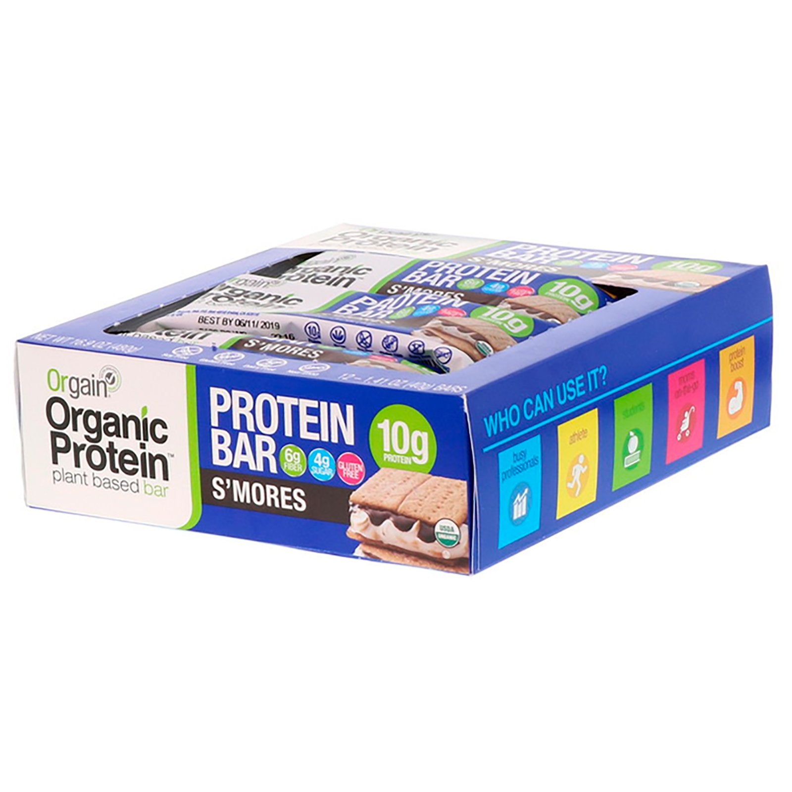 Orgain, Organic Plant-Based Protein Bar, S'mores, 12 Bars, 1.41 oz (40 g) Each