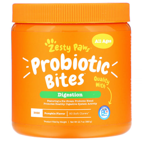 Zesty Paws, Probiotic Bites for Dogs, Digestion, All Ages, Pumpkin Flavor, 90 Soft Chews