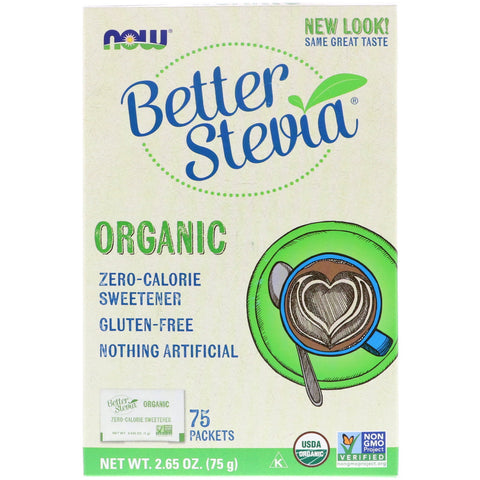Now Foods, Organic Better Stevia, Zero-Calorie Sweetener, 75 Packets, 2.65 oz (75 g)