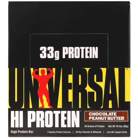 Universal Nutrition, HI Protein Bar, Chocolate Peanut Butter, 16 Bars, 3 oz (85 g) Each