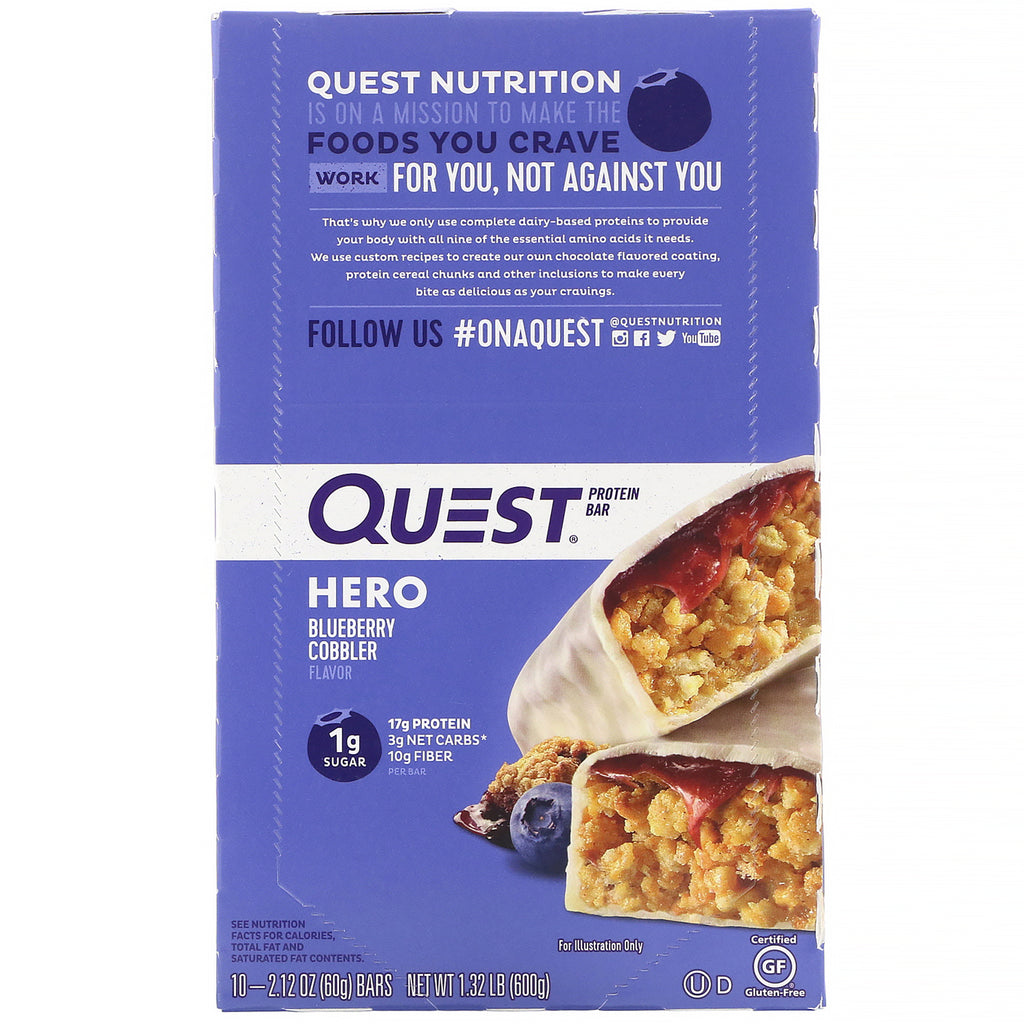 Quest Nutrition, Hero Protein Bar, Blueberry Cobbler, 10 Bars, 2.12 oz (60 g) Each