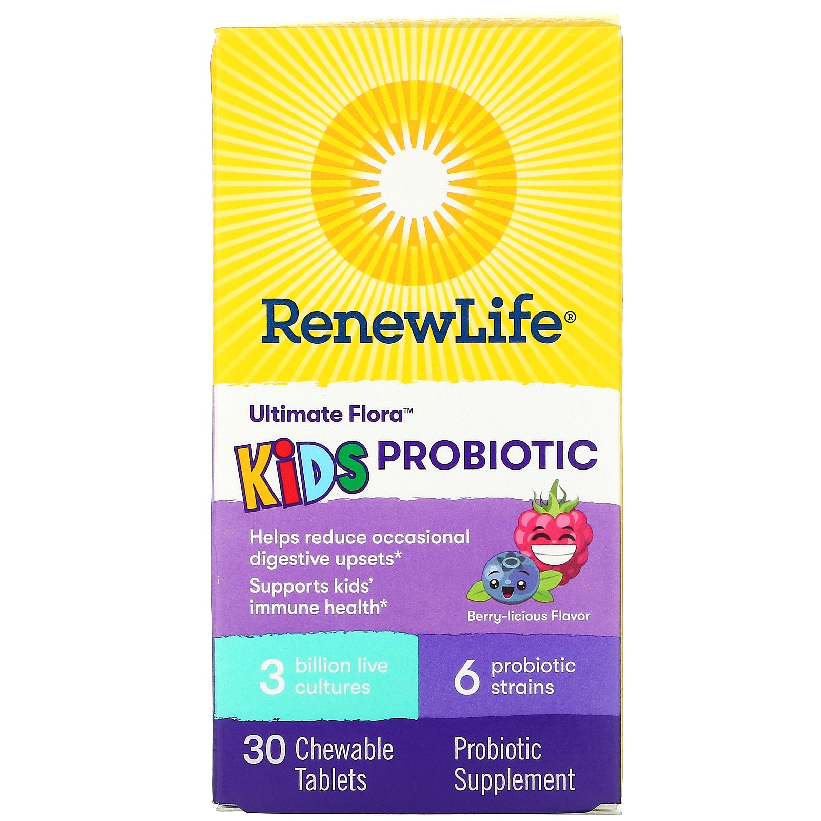 Renew Life, Ultimate Flora, Kids Probiotic, Berry-licious, 3 Billion Live Cultures, 30 Chewable Tablets