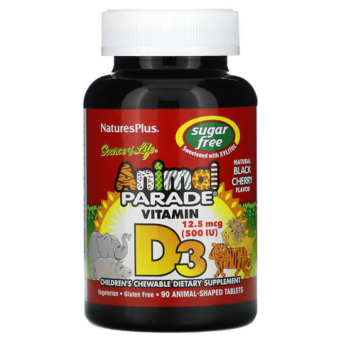 Nature's Plus, Source of Life, Animal Parade, Vitamin D3, Sugar Free, Natural Black Cherry, 12.5 mcg (500 IU), 90 Animal-Shaped Tablets