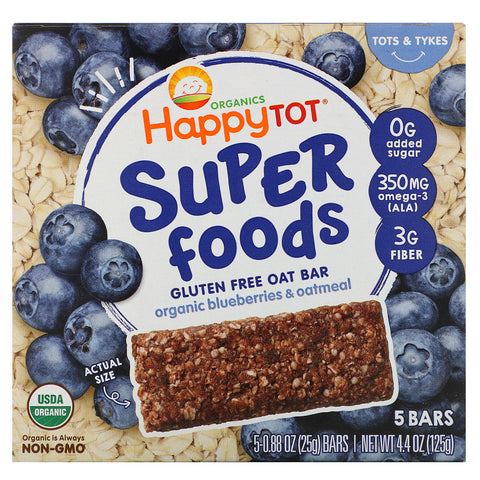 Happy Family Organics, Organics Happy Tot, Superfoods, Gluten Free Oat Bar, Organic Blueberries & Oatmeal, 5 Bars, 0.88 oz (25 g) Each