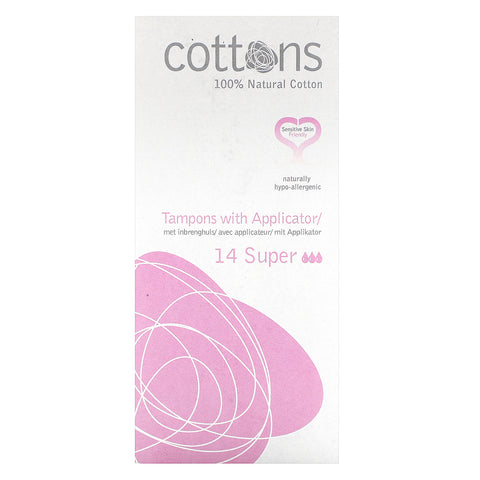 Cottons, 100% Natural Cotton, Tampons with Applicator, Super, 14 Tampons