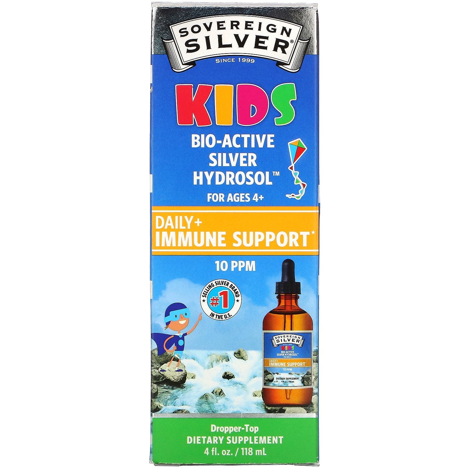 Sovereign Silver, Kids Bio-Active Silver Hydrosol, Daily Immune Support, Ages 4+, 10 PPM, 4 fl oz (118 ml)