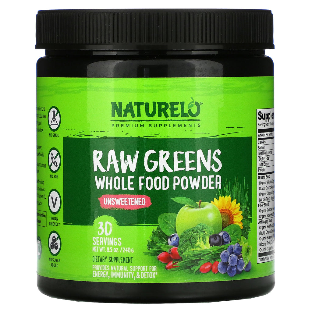 NATURELO, Raw Greens, Whole Food Powder, Unsweetened, 8.5 oz (240 g)