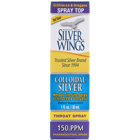 Natural Path Silver Wings, Colloidal Silver, Herbal Tincture Throat Spray, 150 PPM, 1 fl oz (30 ml)
