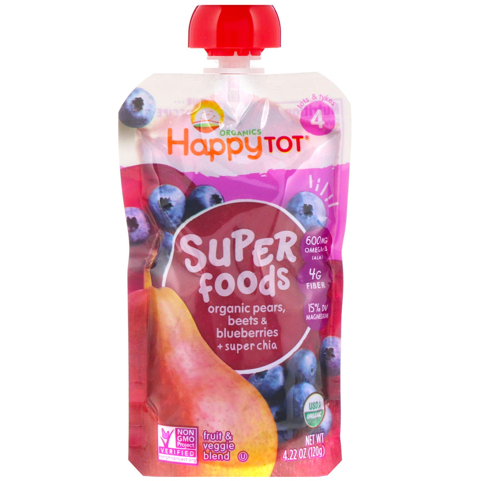 Happy Family Organics, Organic Happy Tot, Super Foods, Organic Pears, Beets & Blueberries + Super Chia, Stage 4, 4 Pack, 4.22 oz (120 g) Each