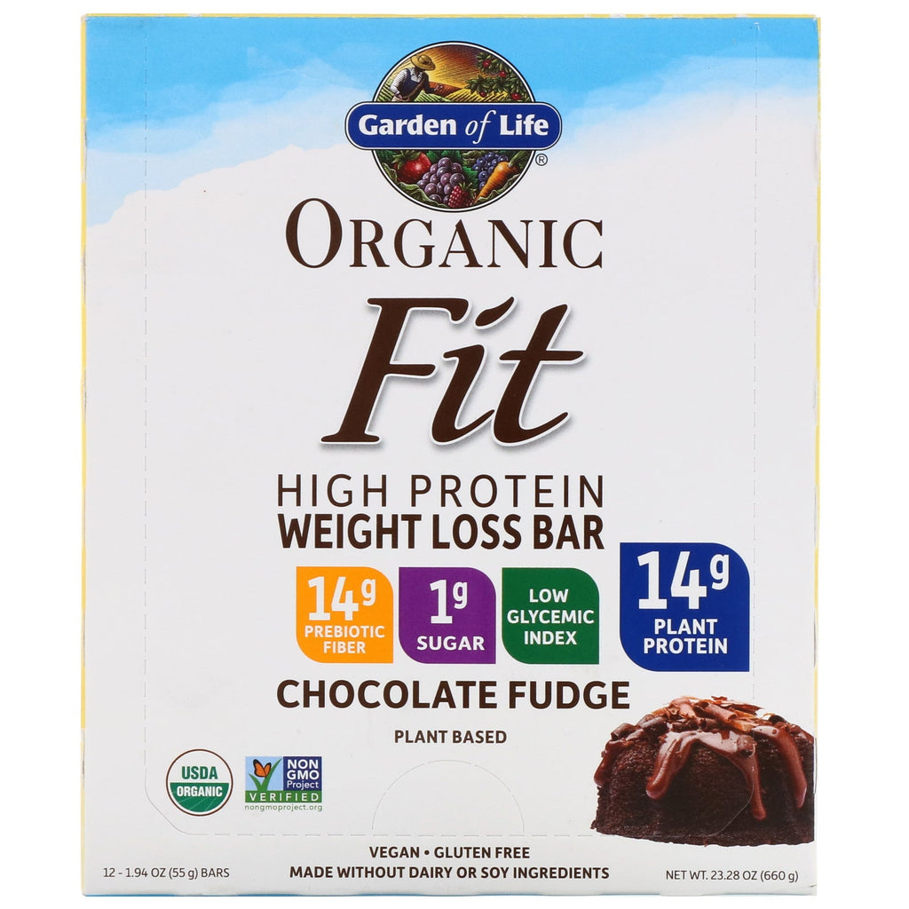 Garden of Life,  Fit, High Protein Weight Loss Bar, Chocolate Fudge, 12 Bars, 1.9 oz (55 g) Each