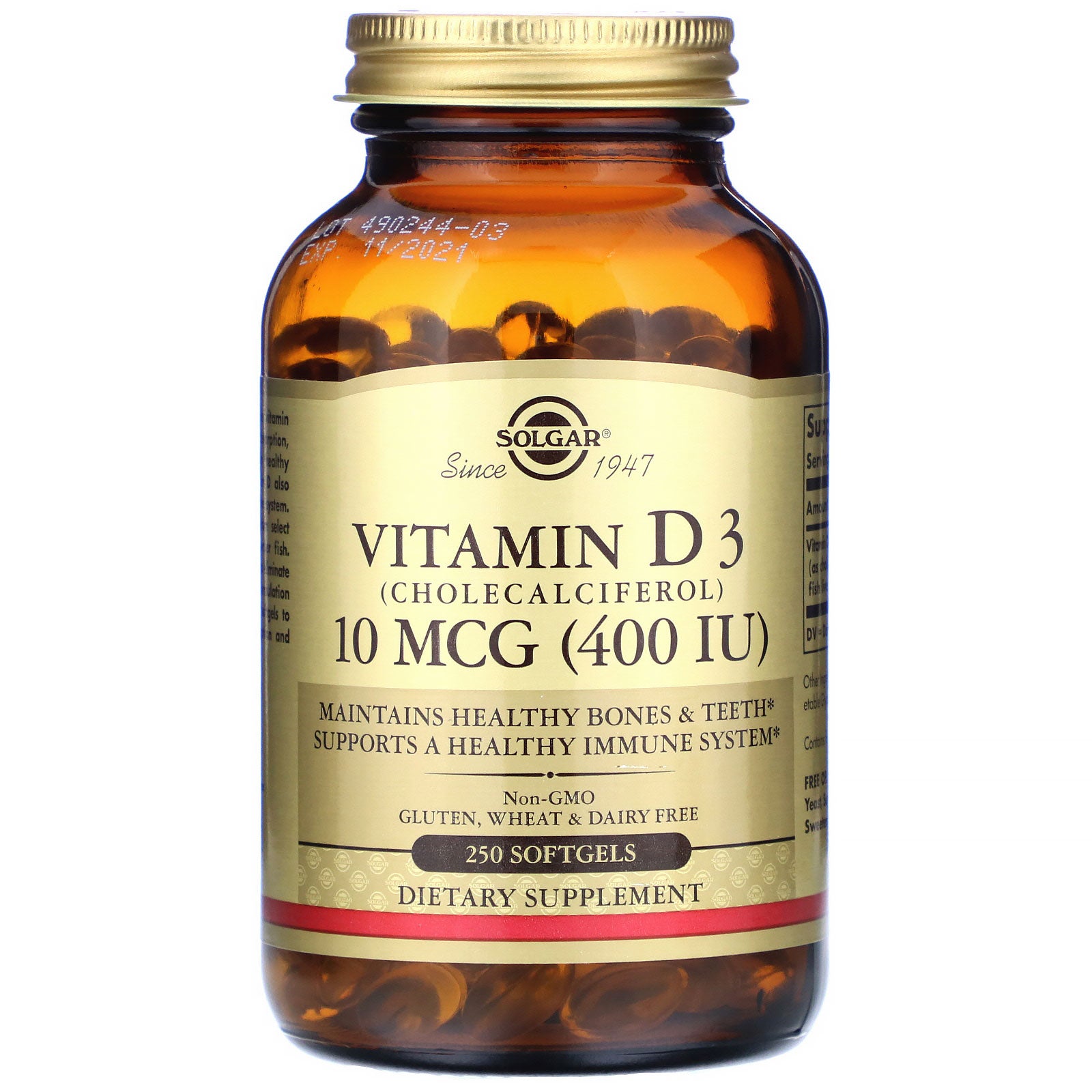 Solgar, Vitamin D3, 10 mcg (400 IU), 250 Softgels