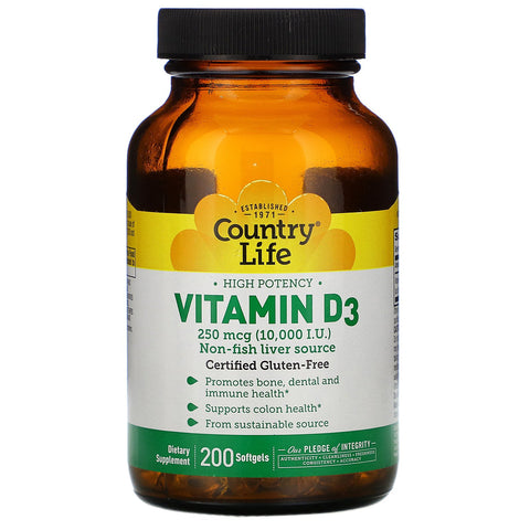 Country Life, High Potency Vitamin D3, 250 mcg (10,000 IU), 200 Softgels