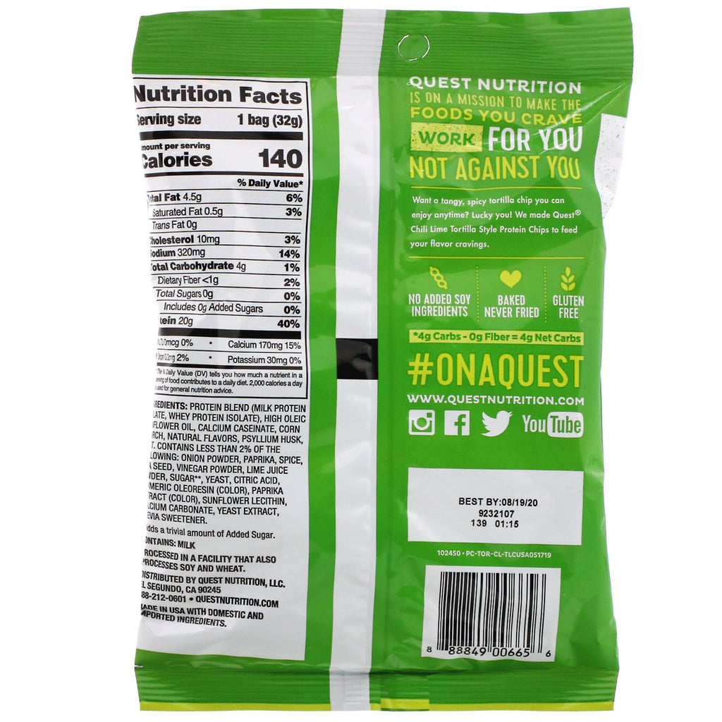 Quest Nutrition, Tortilla Style Protein Chips, Chili Lime, 12 Bags, 1.1 oz (32 g) Each