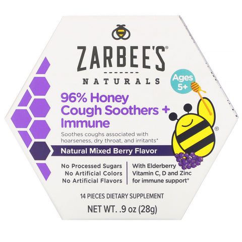 Zarbee's, 96% Honey Cough Soothers + Immune Support, Natural Mixed Berry Flavor, Ages 5+, 14 Pieces