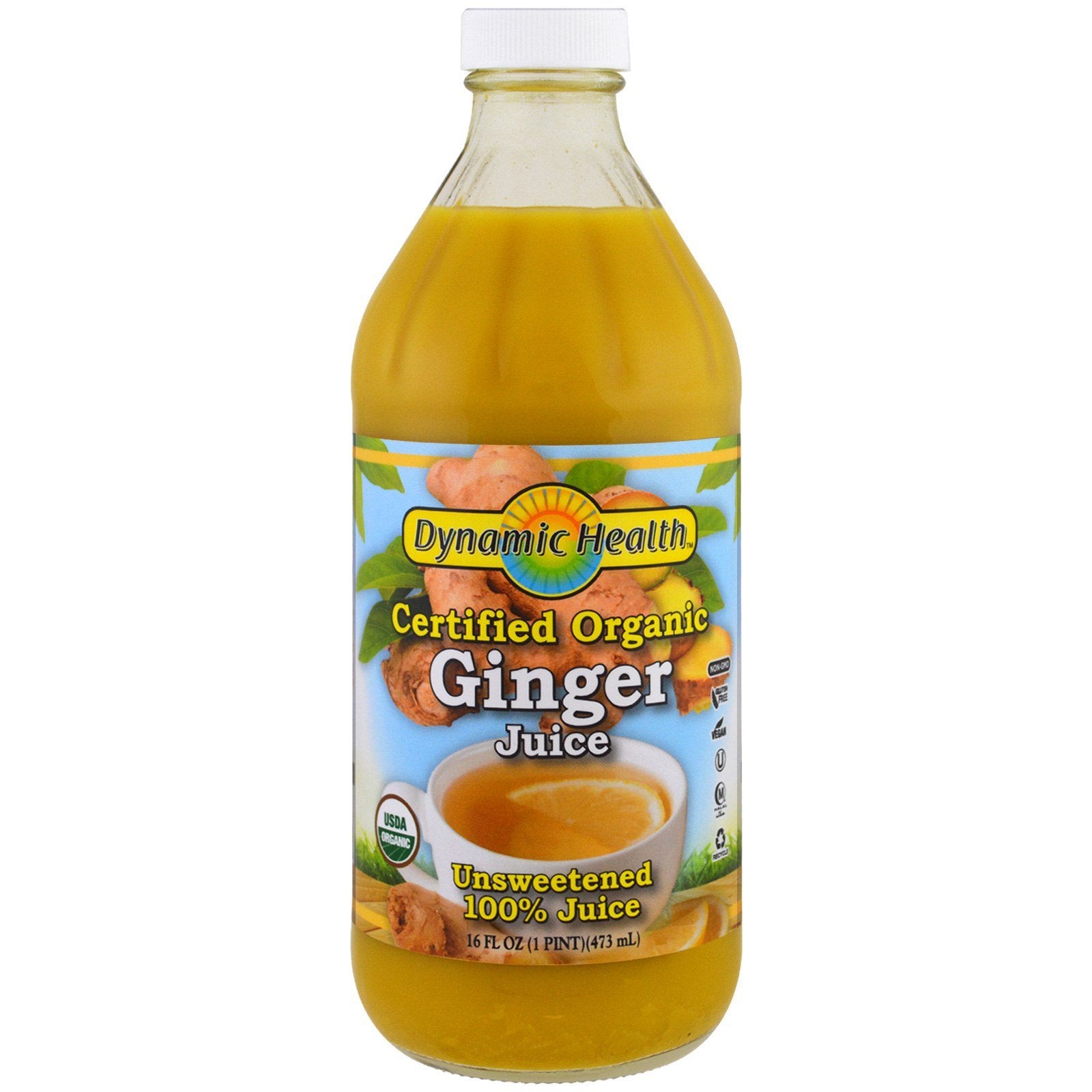 Dynamic Health  Laboratories, Certified Organic Ginger, 100% Juice, Unsweetened, 16 fl oz (473 ml)