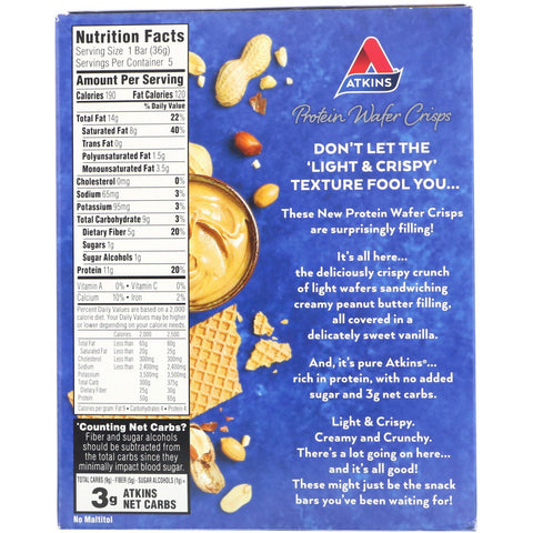 Atkins, Protein Wafer Crisps, Peanut Butter, 5 Bars, 1.27 oz (36 g) Each