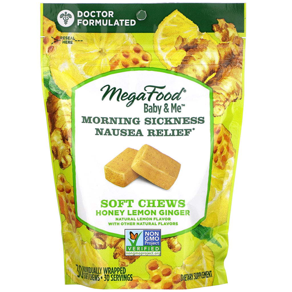 MegaFood, Baby & Me, Morning Sickness Nausea Relief, Honey Lemon Ginger, 30 Soft Chews