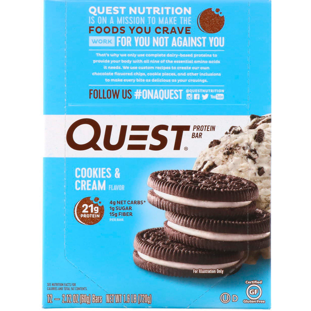 Quest Nutrition, Protein Bar, Cookies & Cream, 12 Bars, 2.12 oz (60 g) Each