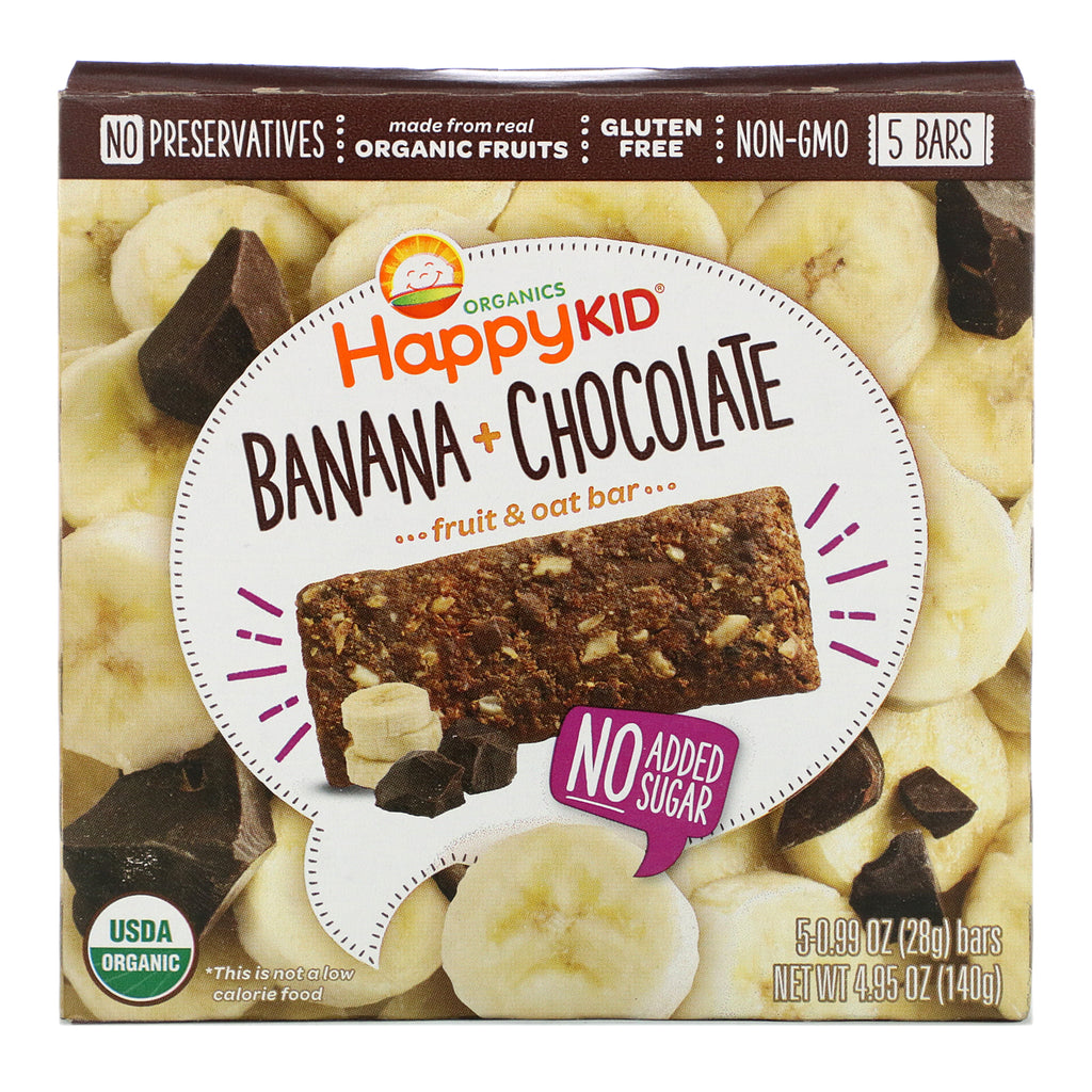 Happy Family Organics, Happy Kid, Banana + Chocolate, Fruit & Oat Bar, 5 Bars, 0.99 oz (28 g) Each