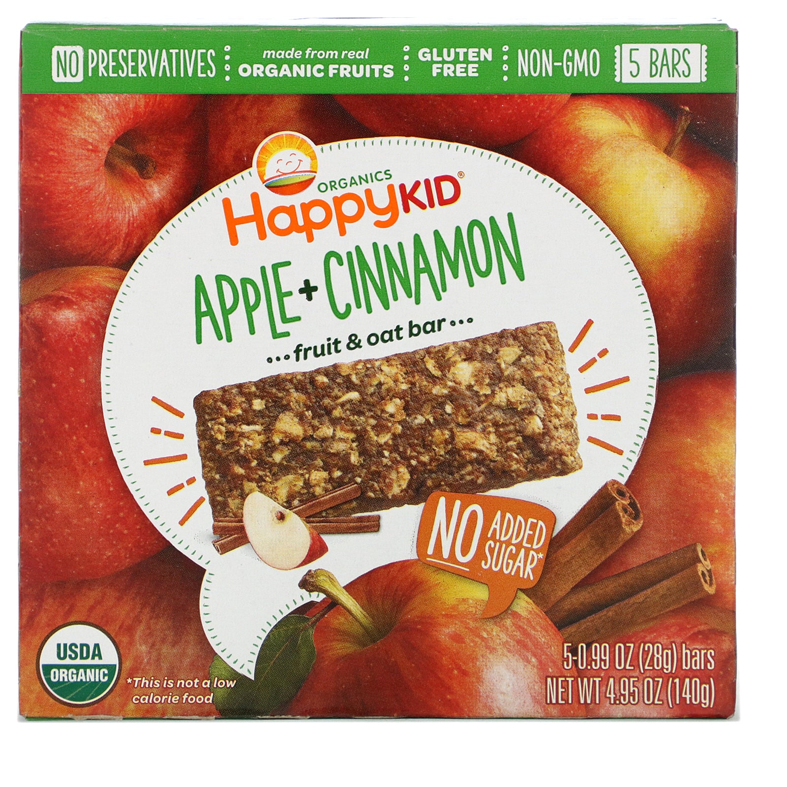 Happy Family Organics, Happy Kid, Apple + Cinnamon, Fruit & Oat Bar, 5 Bars, 0.99 oz (28 g) Each