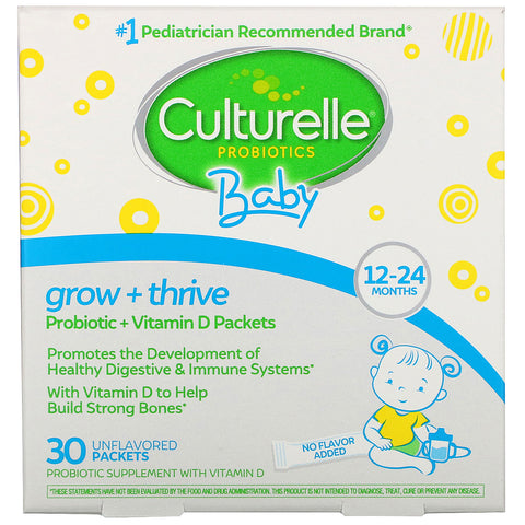 Culturelle, Probiotics, Baby, Grow + Thrive, Probiotics + Vitamin D Packets, 12-24 Months, Unflavored, 30 Single Serve Packets