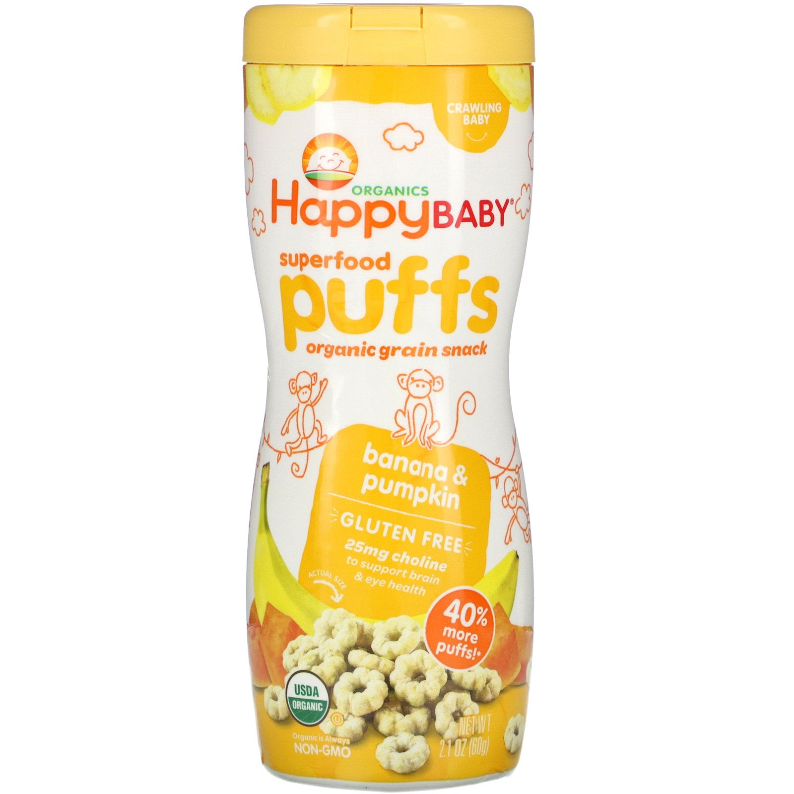 Happy Family Organics, Superfood Puffs, Organic Grain Snack, Banana & Pumpkin, 2.1 oz (60 g)