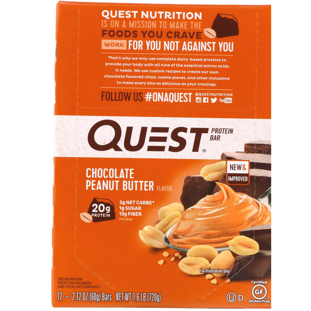 Quest Nutrition, Protein Bar, Chocolate Peanut Butter, 12 Bars, 2.12 oz (60 g) Each