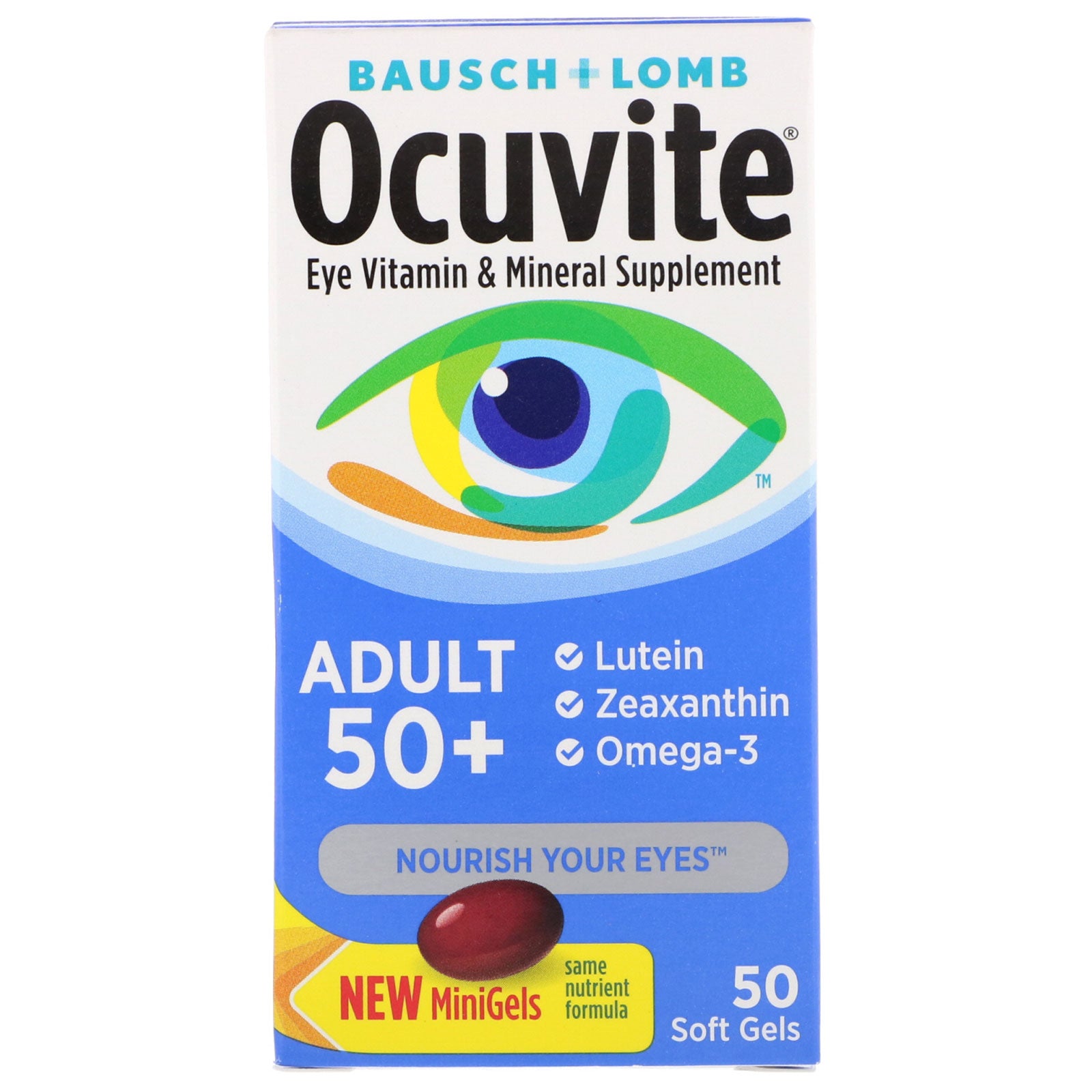 Bausch & Lomb, Ocuvite, Adult 50 +, Eye Vitamin & Mineral Supplement, 50 Soft Gels