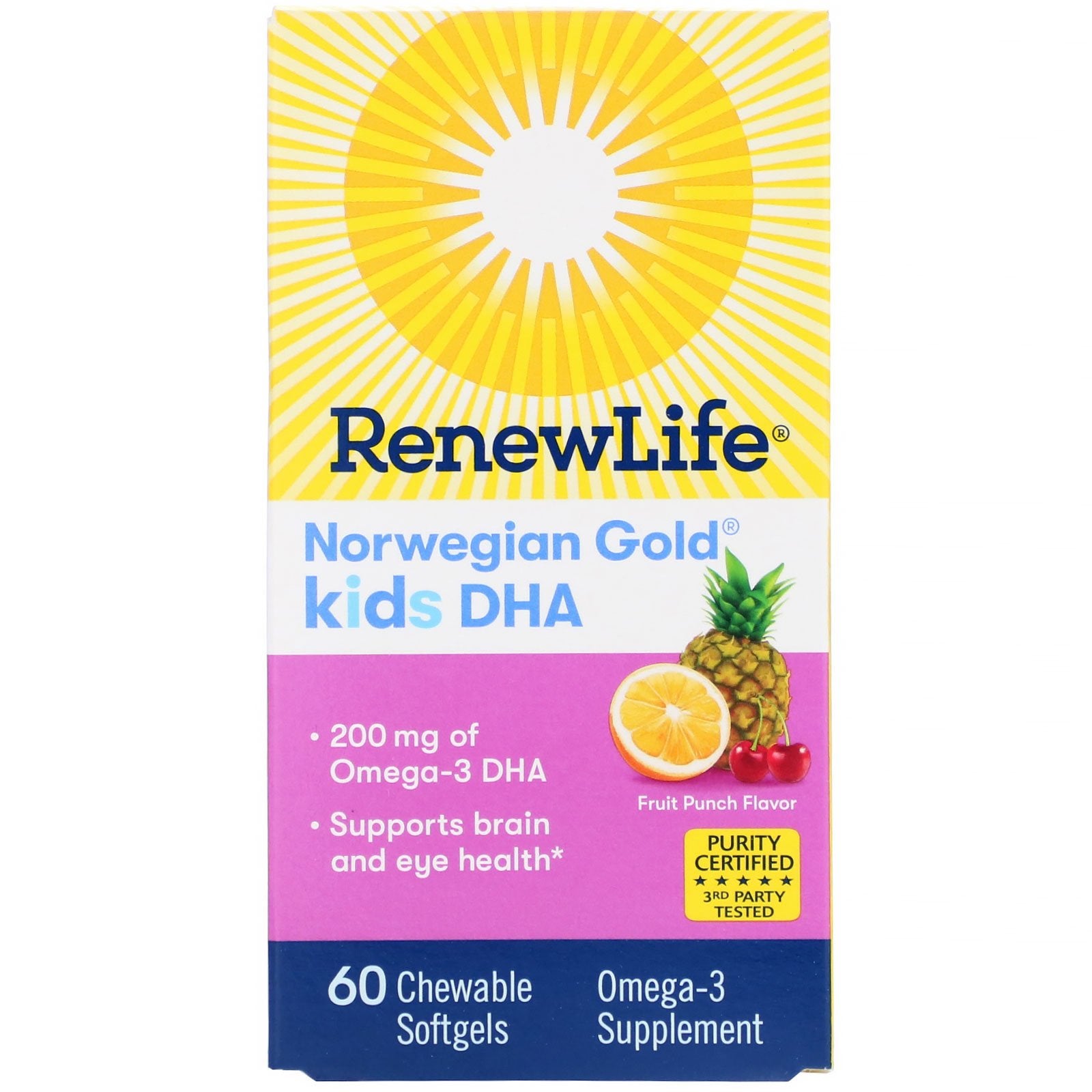 Renew Life, Norwegian Gold, Kids DHA, Fruit Punch Flavor, 200 mg, 60 Chewable Softgels