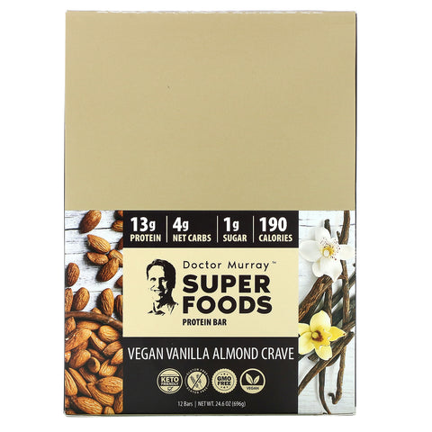 Dr. Murray's, Superfoods Protein Bars, Vegan Vanilla Almond Crave , 12 Bars, 2.05 oz (58 g) Each