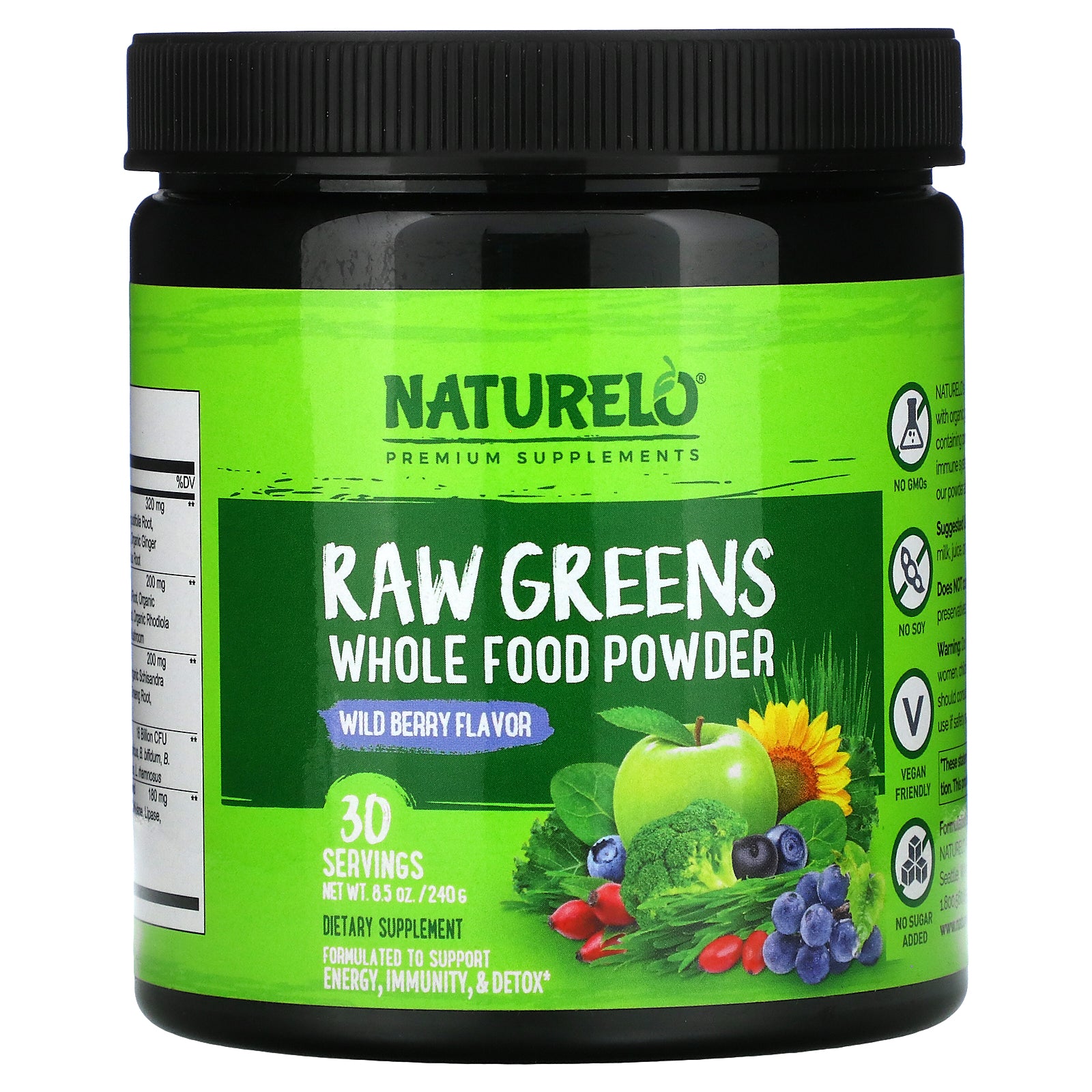 NATURELO, Raw Greens, Whole Food Powder, Wild Berry, 8.5 oz (240 g)