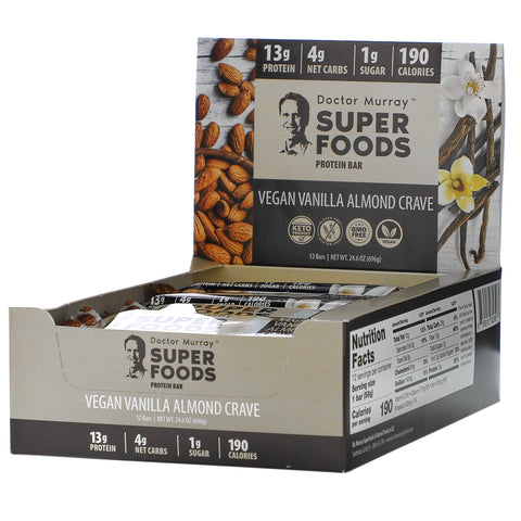 Dr. Murray's, Superfoods Protein Bars, Vegan Vanilla Almond Crave , 12 Bars, 2.05 oz (58 g) Each