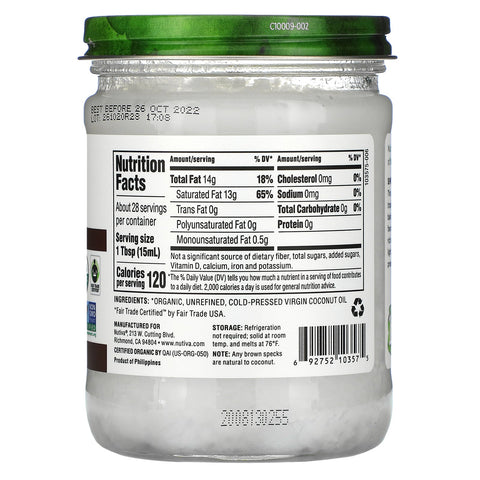 Nutiva,  Coconut Oil, Virgin, 14 fl oz (414 ml)