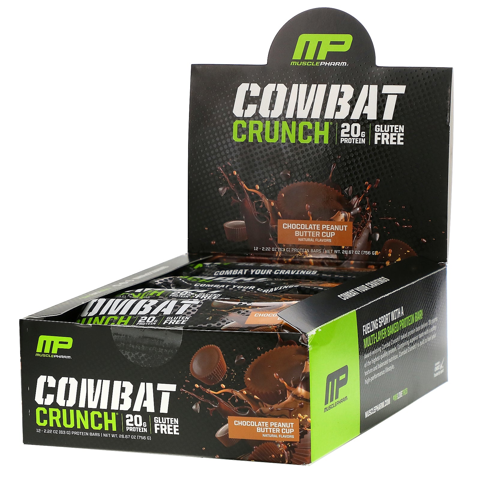 MusclePharm, Combat Crunch Protein Bars, Chocolate Peanut Butter Cup, 12 Bars, 2.22 oz (63 g) Each