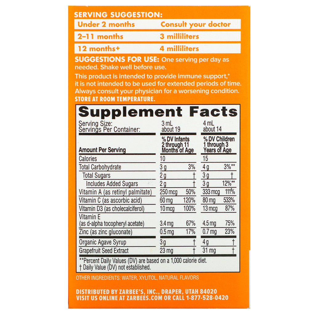 Zarbee's, Baby, Immune Support & Vitamins, Natural Orange Flavor, 2 fl oz (59 ml)