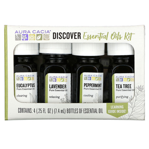 Aura Cacia, Discover Essential Oils Kit, 4 Bottles, .25 fl oz (7.4 ml) Each